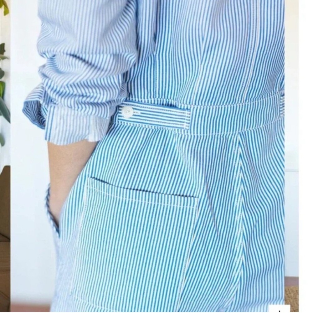 OuterKnown S.E.A Suit Organic Cotton Linen Blend Striped Blue Coverall Sz S NWT - Picture 2 of 5